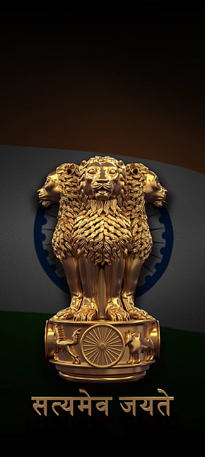 Golden State Emblem of India with Ashoka Chakra and National Flag Background HD phone wallpaper