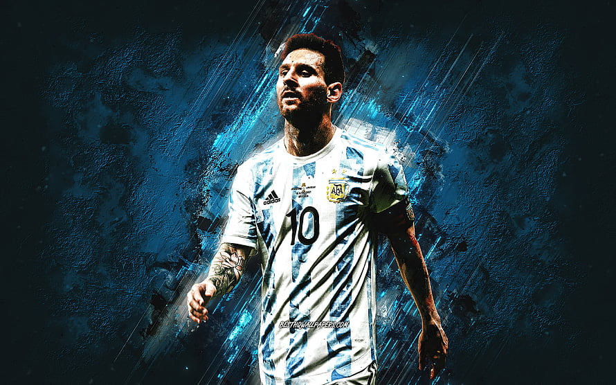 Lionel Messi in Argentina National Team Jersey with Dramatic Blue Abstract Background HD wallpaper
