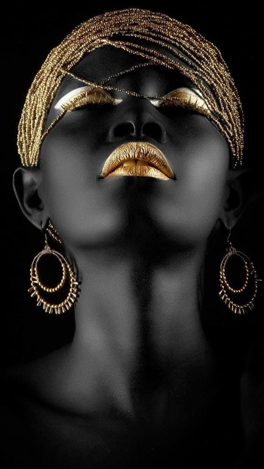 Elegant Black Woman Portrait with Gold Beaded Headpiece and Jewelry HD phone wallpaper