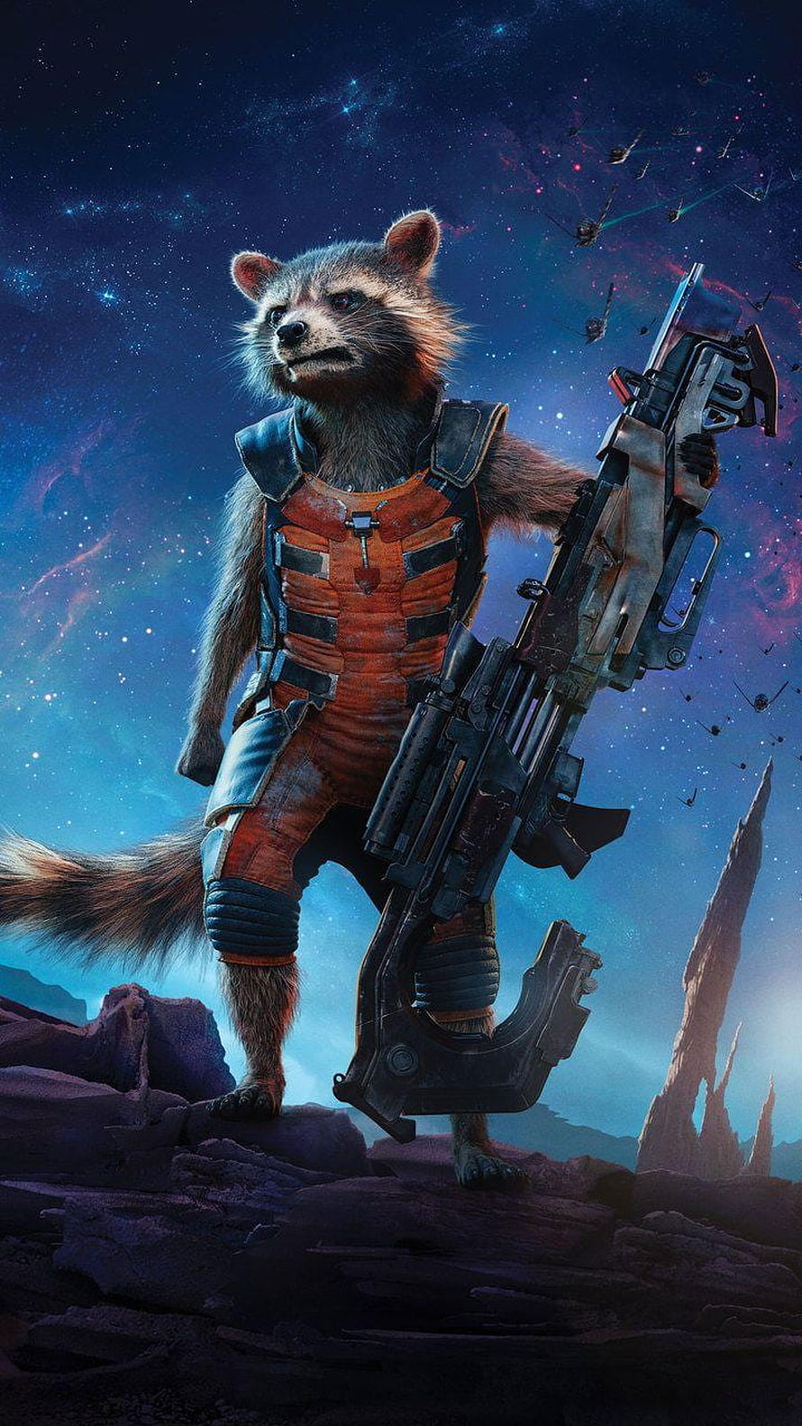Rocket Raccoon from Guardians of the Galaxy Standing on a Rocky Alien Planet with a Large Sci-Fi Weapon HD phone wallpaper