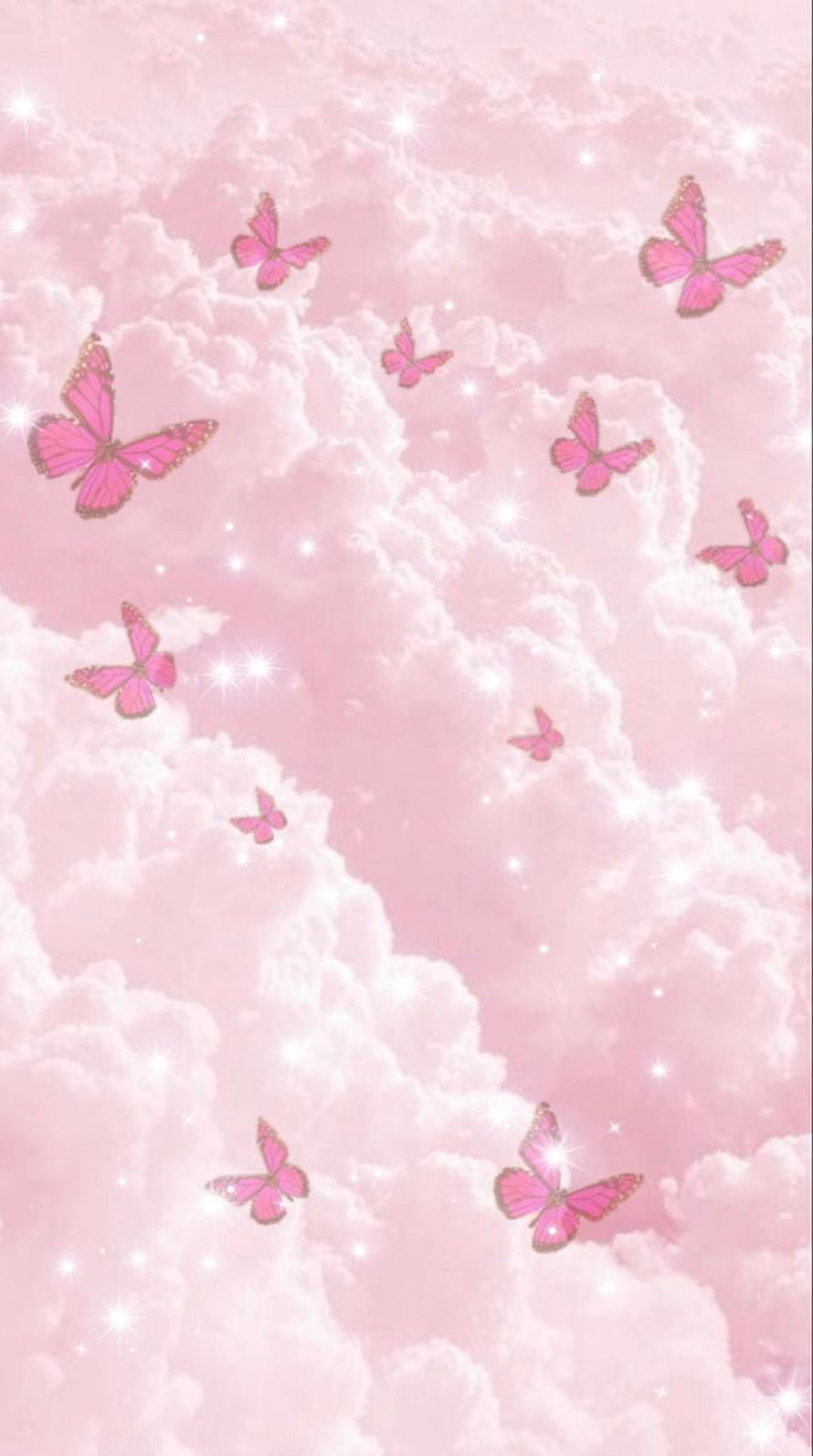 Dreamy Pink Clouds with Fluttering Butterflies and Sparkling Light HD phone wallpaper