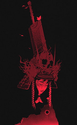 Berserk Warrior Illustration with Samurai Helmet and Skull in Dark Red Tones HD phone wallpaper