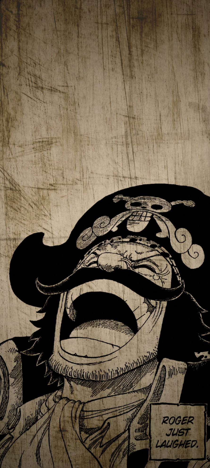 Gol D Roger Laughing in One Piece Manga Panel with Wood Grain Texture HD phone wallpaper