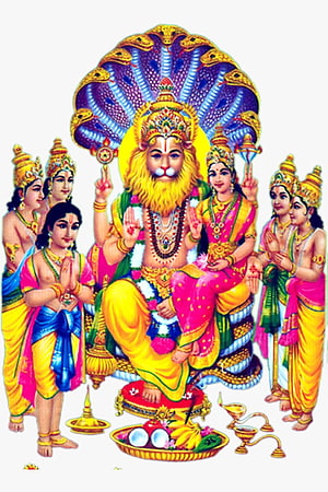 Lord Narasimha with consorts and devotees in traditional Indian devotional art HD phone wallpaper