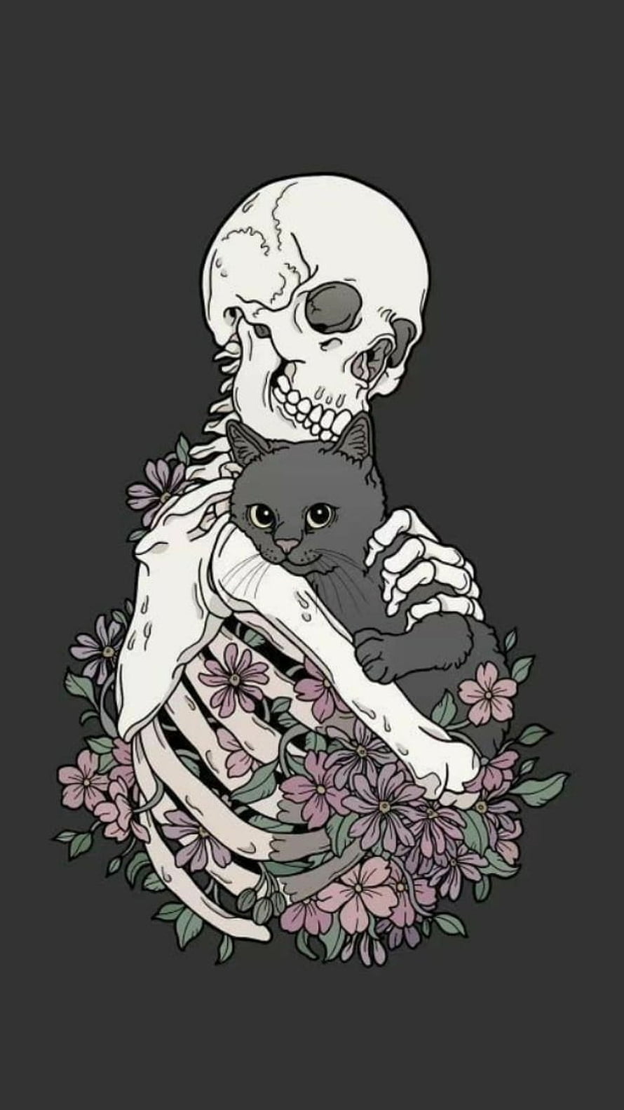 Skeleton Embracing a Black Cat Surrounded by Pink Flowers on Dark Background HD phone wallpaper
