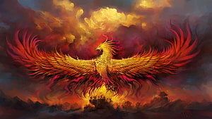 Majestic Phoenix Rising From Flames With Fiery Wings Against Dramatic Clouds HD wallpaper