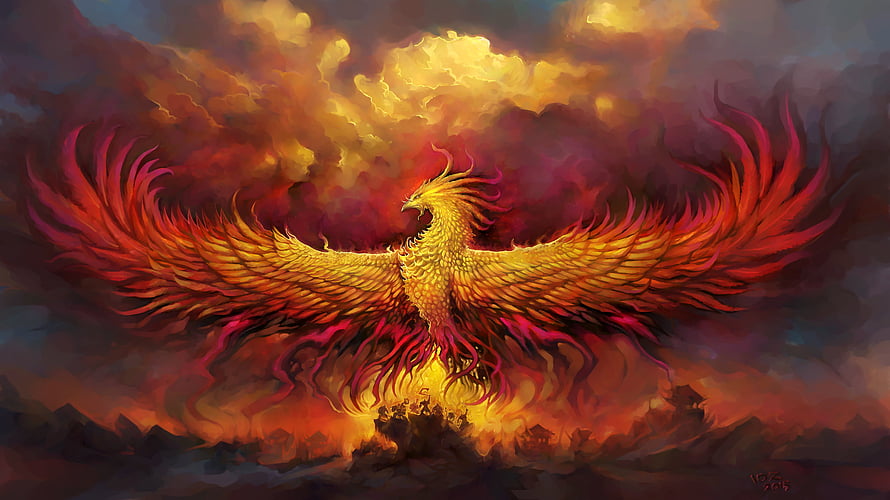 Majestic Phoenix Rising From Flames With Fiery Wings Against Dramatic Clouds HD wallpaper
