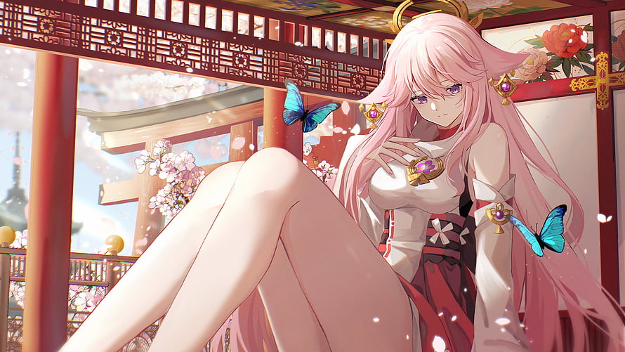 Yae Miko from Genshin Impact in a Traditional Japanese Pavilion with Cherry Blossoms and Blue Butterflies HD wallpaper