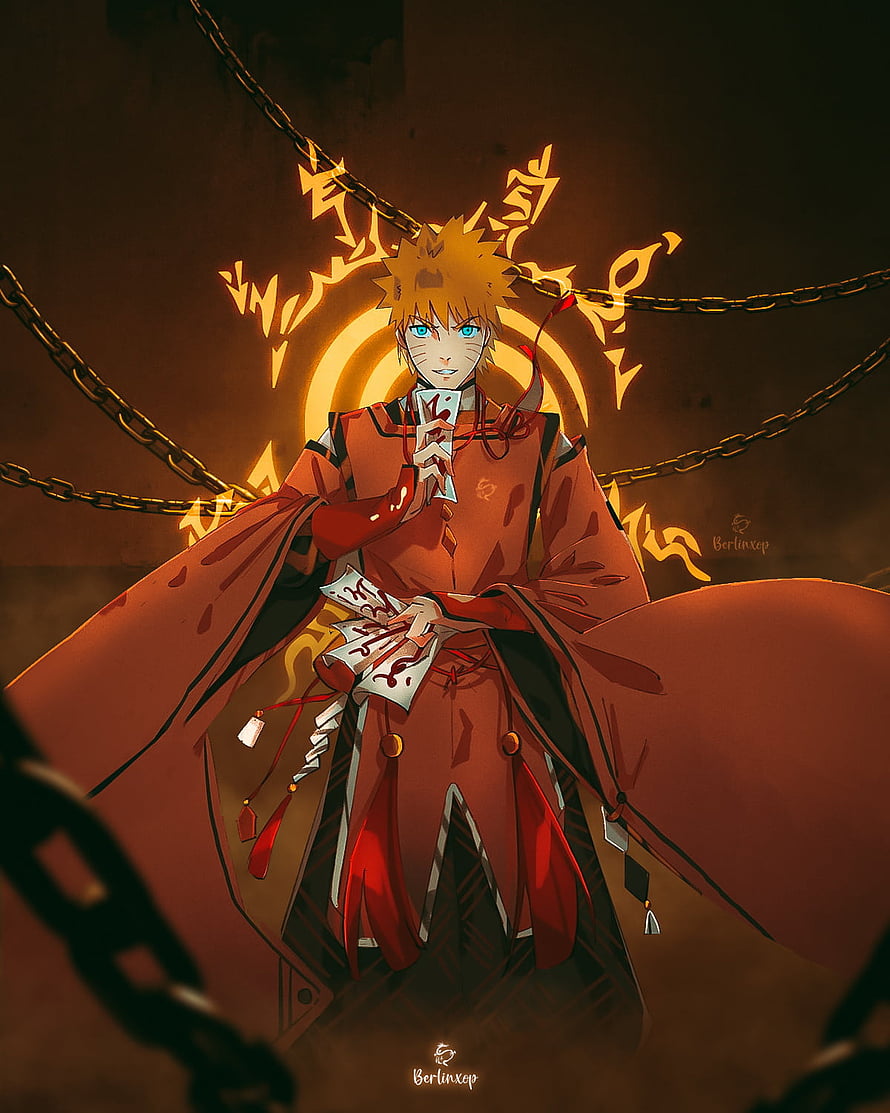 Naruto Uzumaki in Red Sage Robe with Glowing Script and Chains HD phone wallpaper