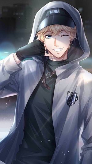 Blond Anime Male Character in Hooded Jacket and Cap Winking with Gloved Hand HD phone wallpaper