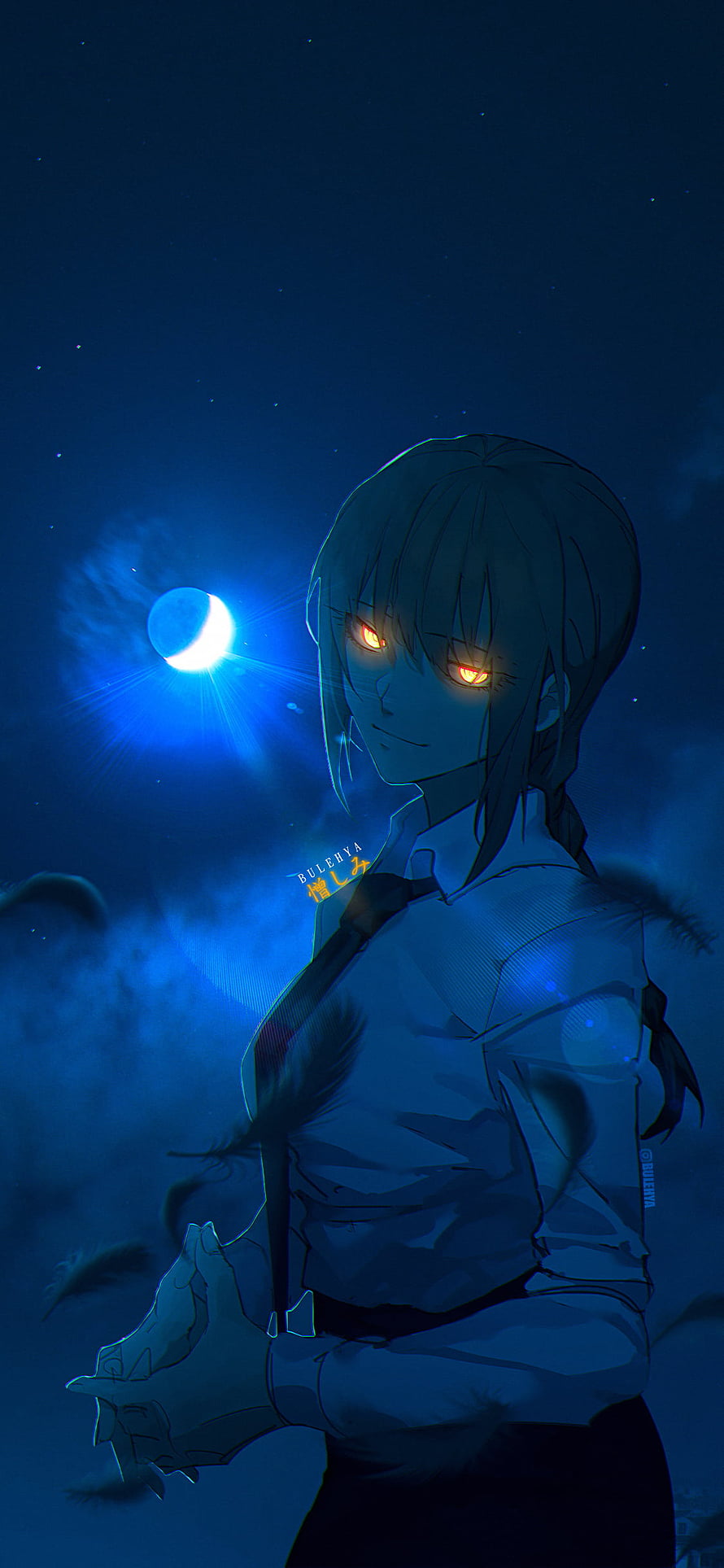 Makima from Chainsaw Man with glowing eyes under a crescent moon in a dark blue night sky HD phone wallpaper