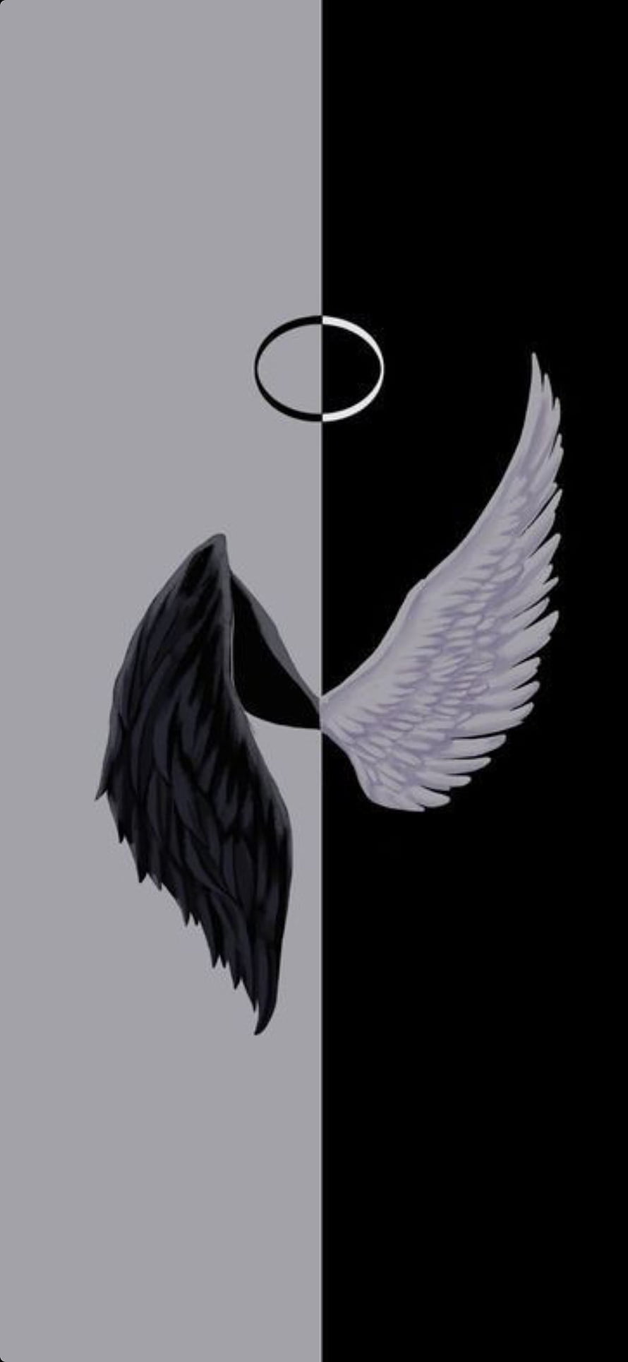Minimalist Black and White Angel Wings with Halo Split Design HD phone wallpaper