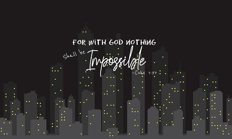 Luke 1:37 Bible Verse on Dark City Skyline with Minimalist Typography HD wallpaper