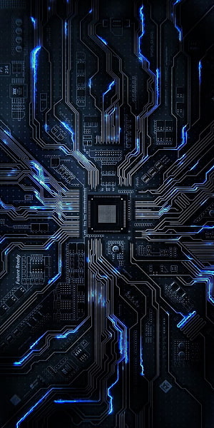 Glowing Blue Circuit Board with Central Processor and Tracing Data Lines HD phone wallpaper