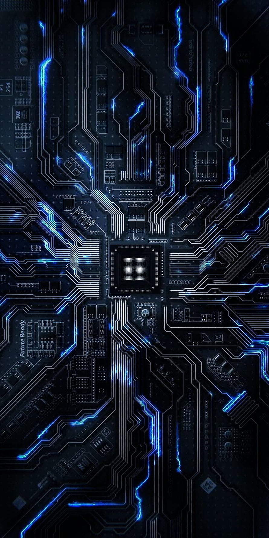 Glowing Blue Circuit Board with Central Processor and Tracing Data Lines HD phone wallpaper