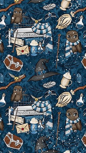 Ravenclaw Harry Potter Pattern with Owls, Wands, and Magical Books on Blue Background HD phone wallpaper