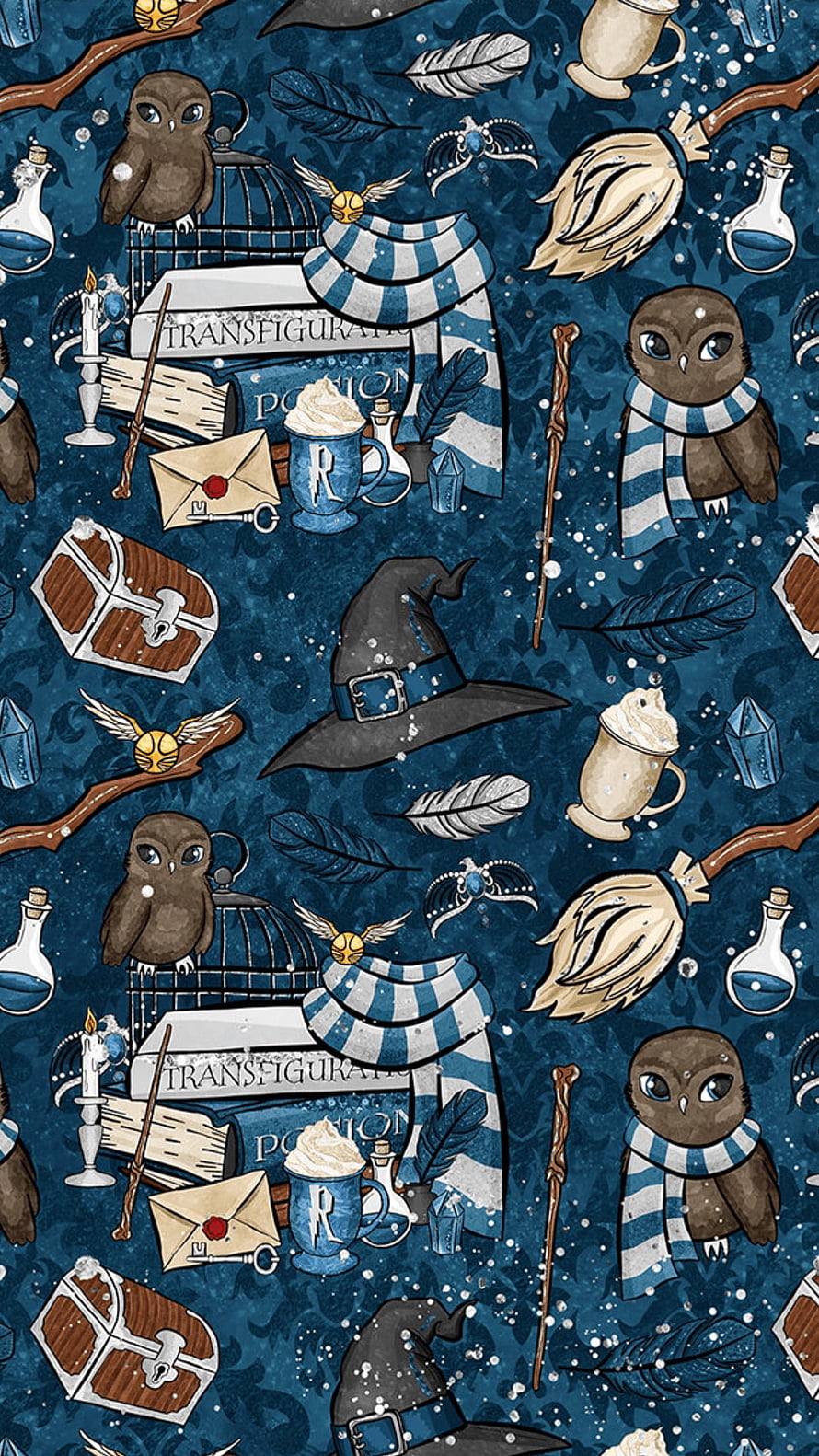 Ravenclaw Harry Potter Pattern with Owls, Wands, and Magical Books on Blue Background HD phone wallpaper