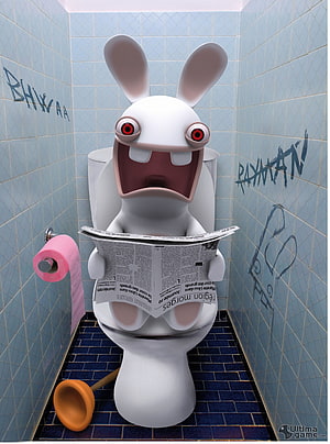 Raving Rabbid Sitting on Toilet Reading Newspaper in Tiled Bathroom HD phone wallpaper
