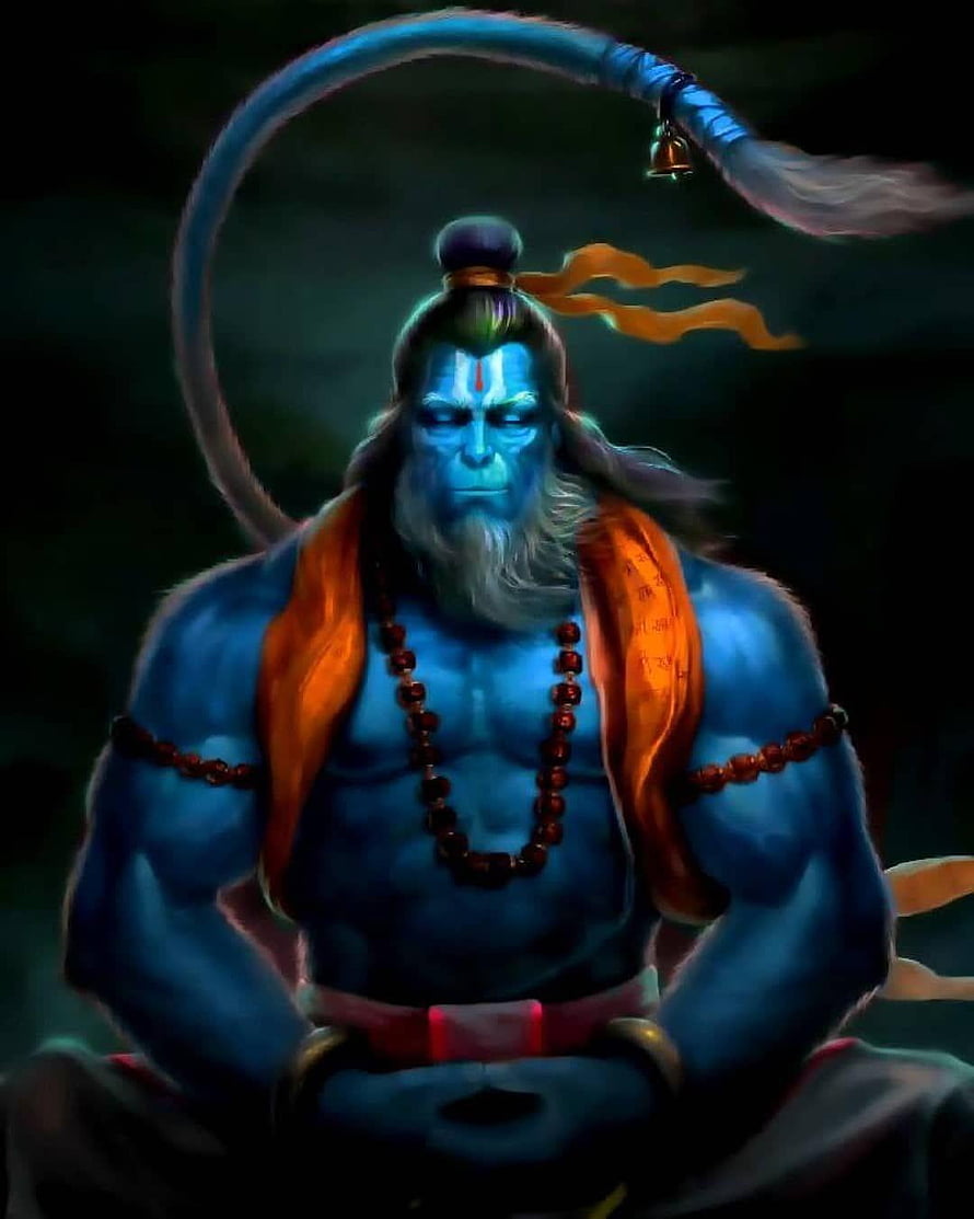Lord Hanuman Meditating in a Dark Forest with Blue Skin and Rudraksha Beads HD phone wallpaper