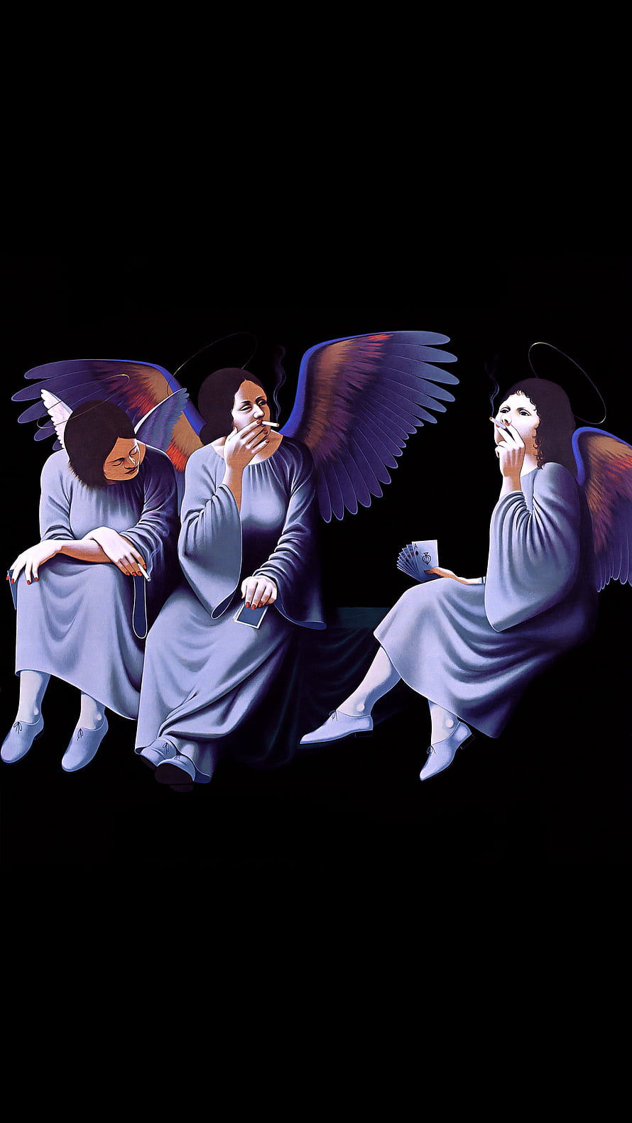 Three winged women in grey dresses smoking and playing cards against a black background HD phone wallpaper