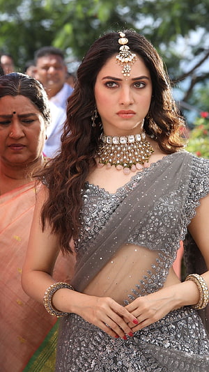 Tamanna Bhatia in a Grey Sequined Saree with Traditional Indian Jewelry HD phone wallpaper