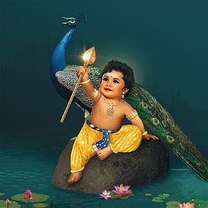 Baby Lord Murugan Sitting on Rock with Peacock and Lotus Pond HD phone wallpaper
