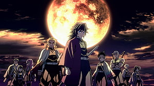 Demon Slayer Hashira Group Standing Before a Massive Blood Moon HD wallpaper
