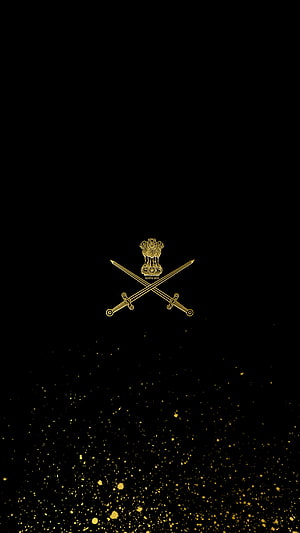 Indian Army Emblem With Crossed Swords And Gold Particles On Black Background HD phone wallpaper