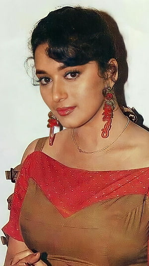 Madhuri Dixit Vintage Portrait in Red and Gold Traditional Attire HD phone wallpaper