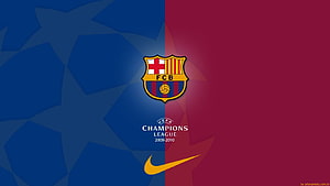 FC Barcelona Crest and UEFA Champions League 2009-2010 Logo on Split Blue and Red Background HD wallpaper