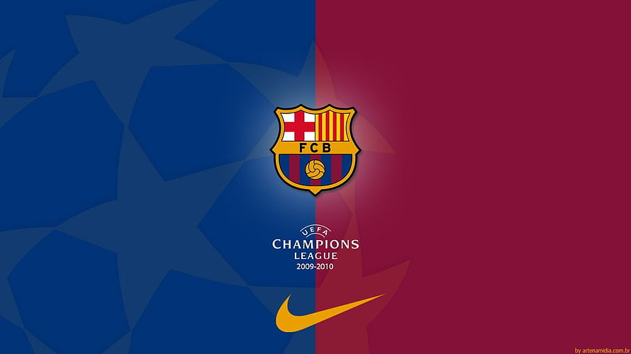 FC Barcelona Crest and UEFA Champions League 2009-2010 Logo on Split Blue and Red Background HD wallpaper
