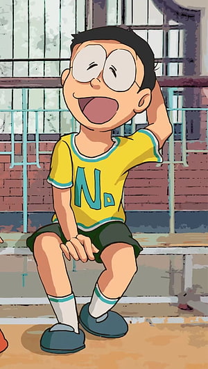 Nobita Nobi Sitting on Steps in Yellow Shirt with Big Smile HD phone wallpaper