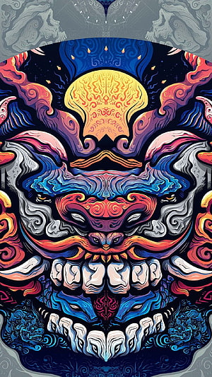 Vibrant Japanese Oni Demon Face with Ornate Traditional Tattoo Patterns and Swirling Clouds HD phone wallpaper
