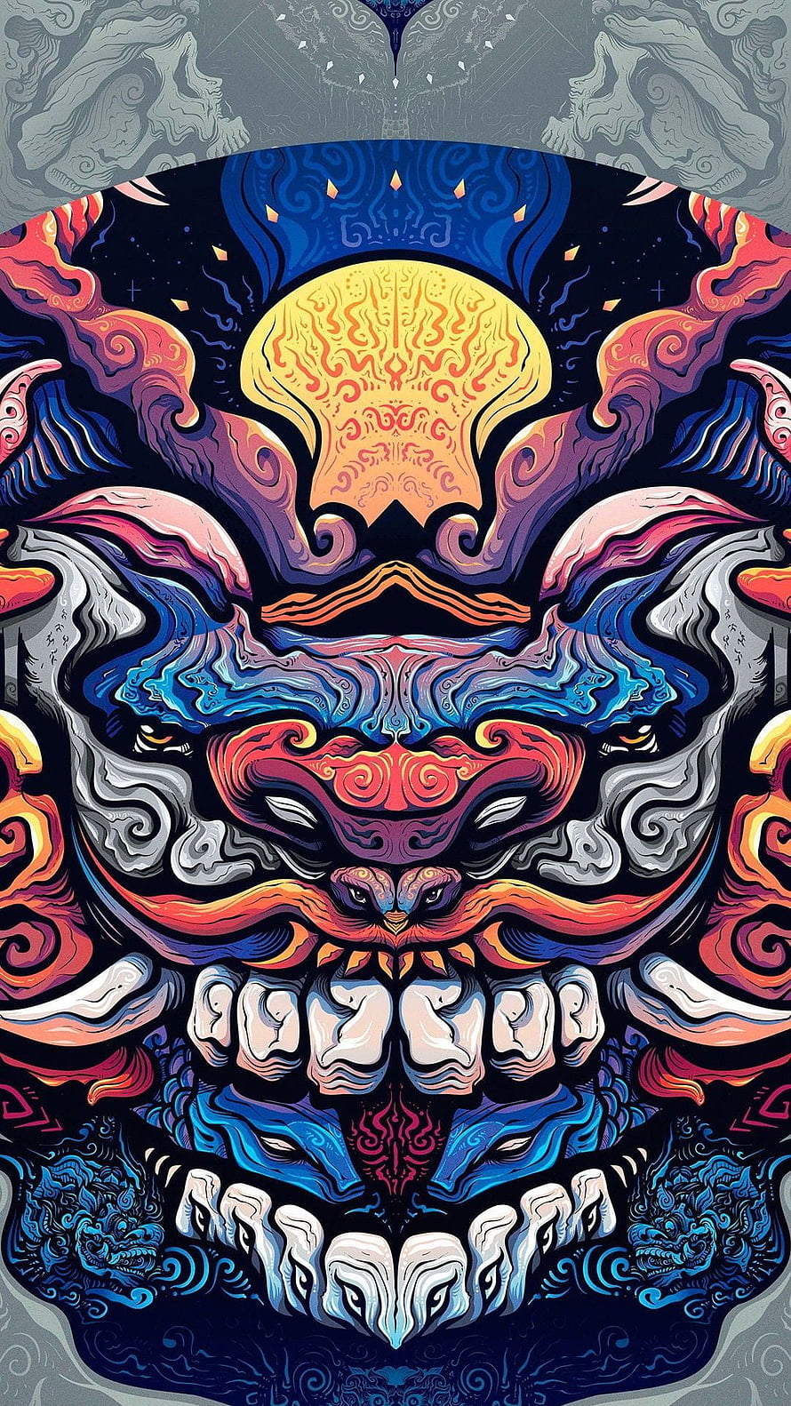 Vibrant Japanese Oni Demon Face with Ornate Traditional Tattoo Patterns and Swirling Clouds HD phone wallpaper