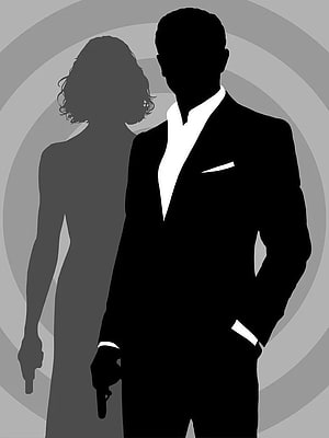 James Bond and Female Partner Silhouette in Formal Attire Holding Pistols Against Gray Concentric Background HD phone wallpaper