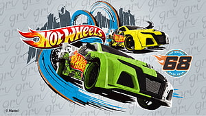 Hot Wheels 68 Race Team promotional artwork featuring stylized green and yellow supercars with dynamic motion trails HD wallpaper