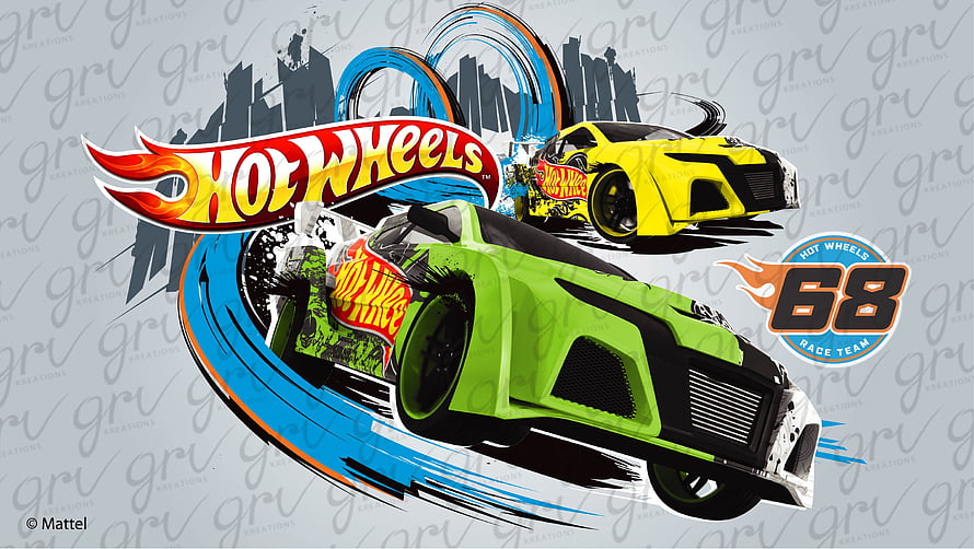 Hot Wheels 68 Race Team promotional artwork featuring stylized green and yellow supercars with dynamic motion trails HD wallpaper