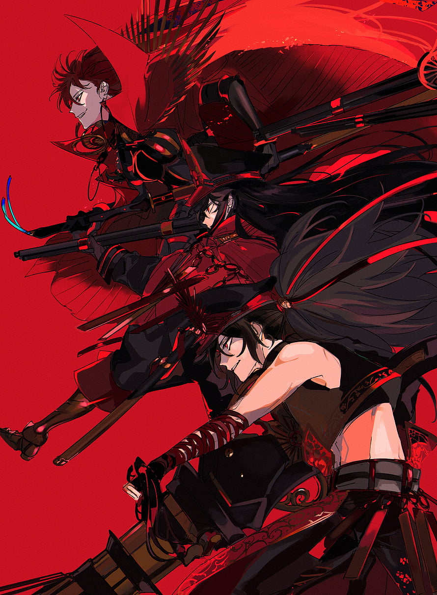 Oda Nobunaga Anime Illustration with Samurai Warriors in Red and Black HD phone wallpaper