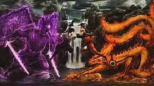 Naruto and Sasuke Battle Scene with Purple and Orange Energy Effects HD wallpaper