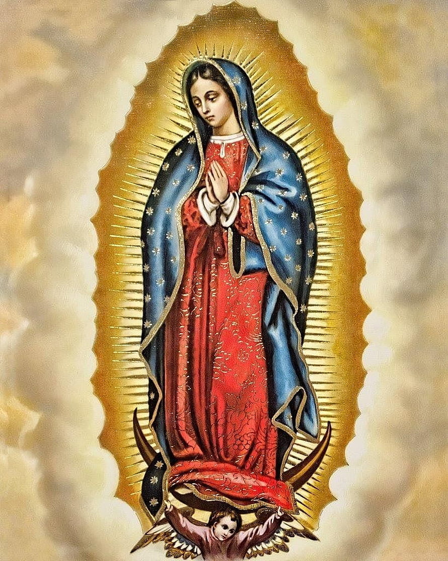 Our Lady of Guadalupe in Red and Blue Mantle with Golden Halo and Angel HD phone wallpaper