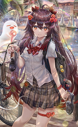 Hu Tao in School Uniform by the Harbor with Bicycle and Ghost Companion HD phone wallpaper