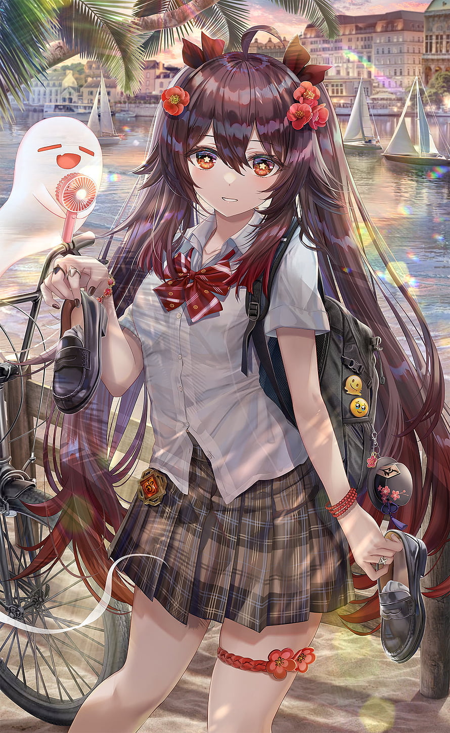 Hu Tao in School Uniform by the Harbor with Bicycle and Ghost Companion HD phone wallpaper