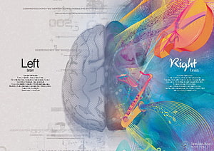 Left Brain Right Brain Concept Art with Saxophone and Abstract Colorful Design HD wallpaper
