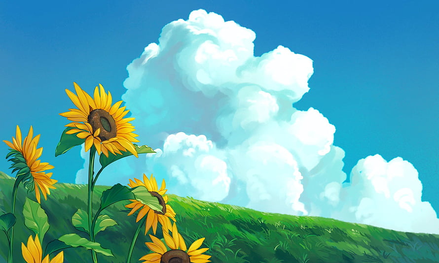 Sunflowers on a Green Hill Under a Blue Sky with Fluffy Clouds in Anime Style HD wallpaper