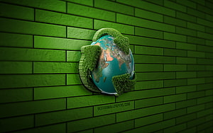 3D Earth Globe with Moss Recycling Arrows on Green Brick Wall HD wallpaper