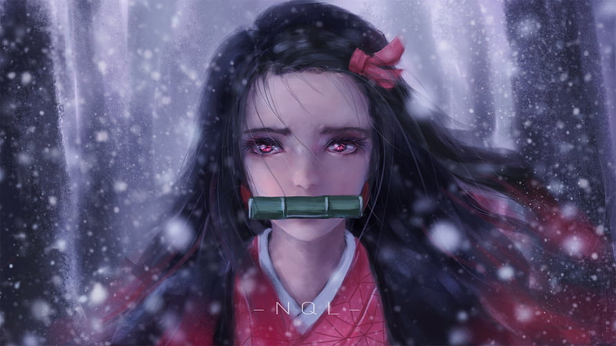 Nezuko Kamado in Snowy Forest with Bamboo Cuff and Red Eyes HD wallpaper