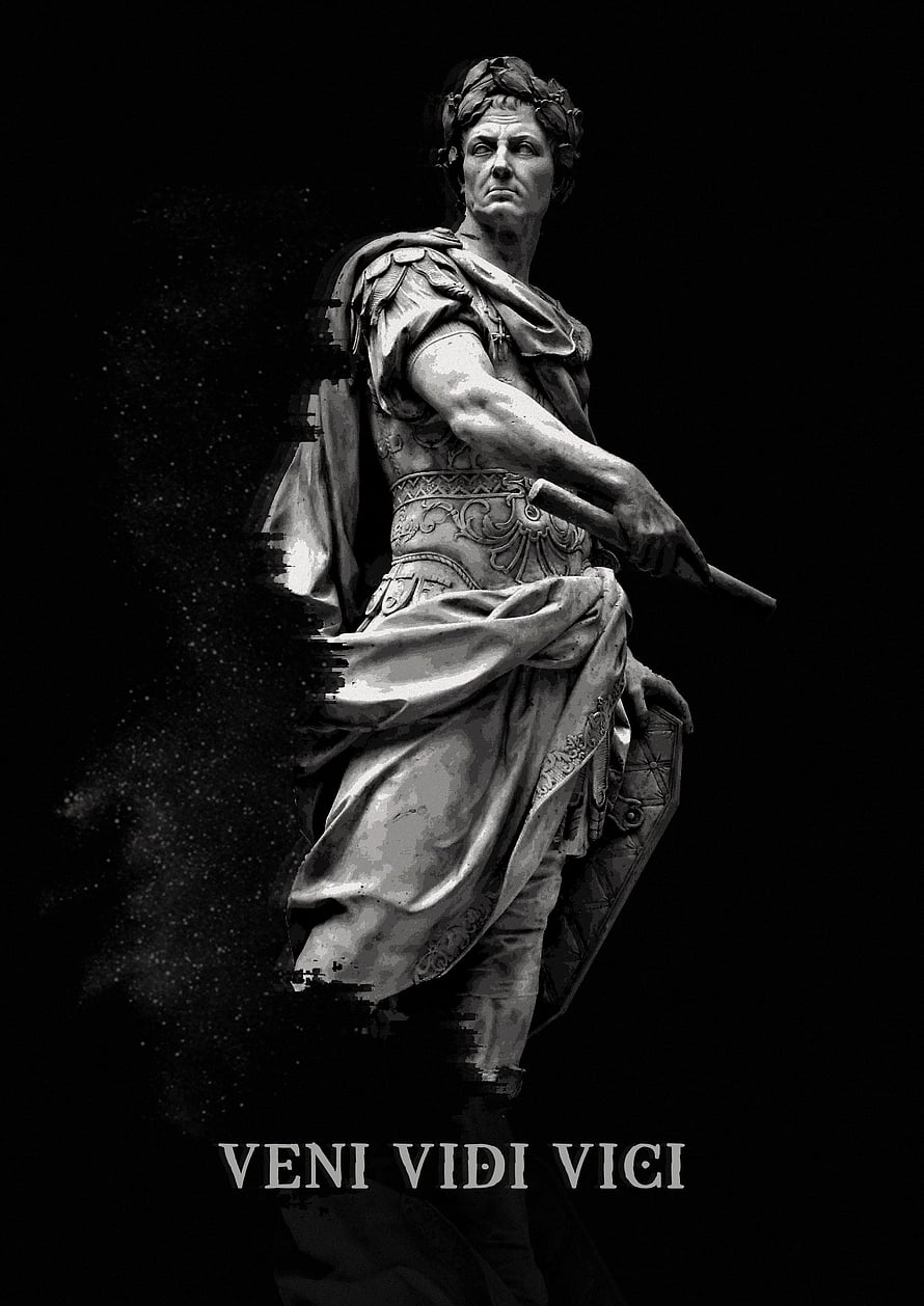 Julius Caesar Roman General Statue with Sword and Laurel Crown on Black Background HD phone wallpaper
