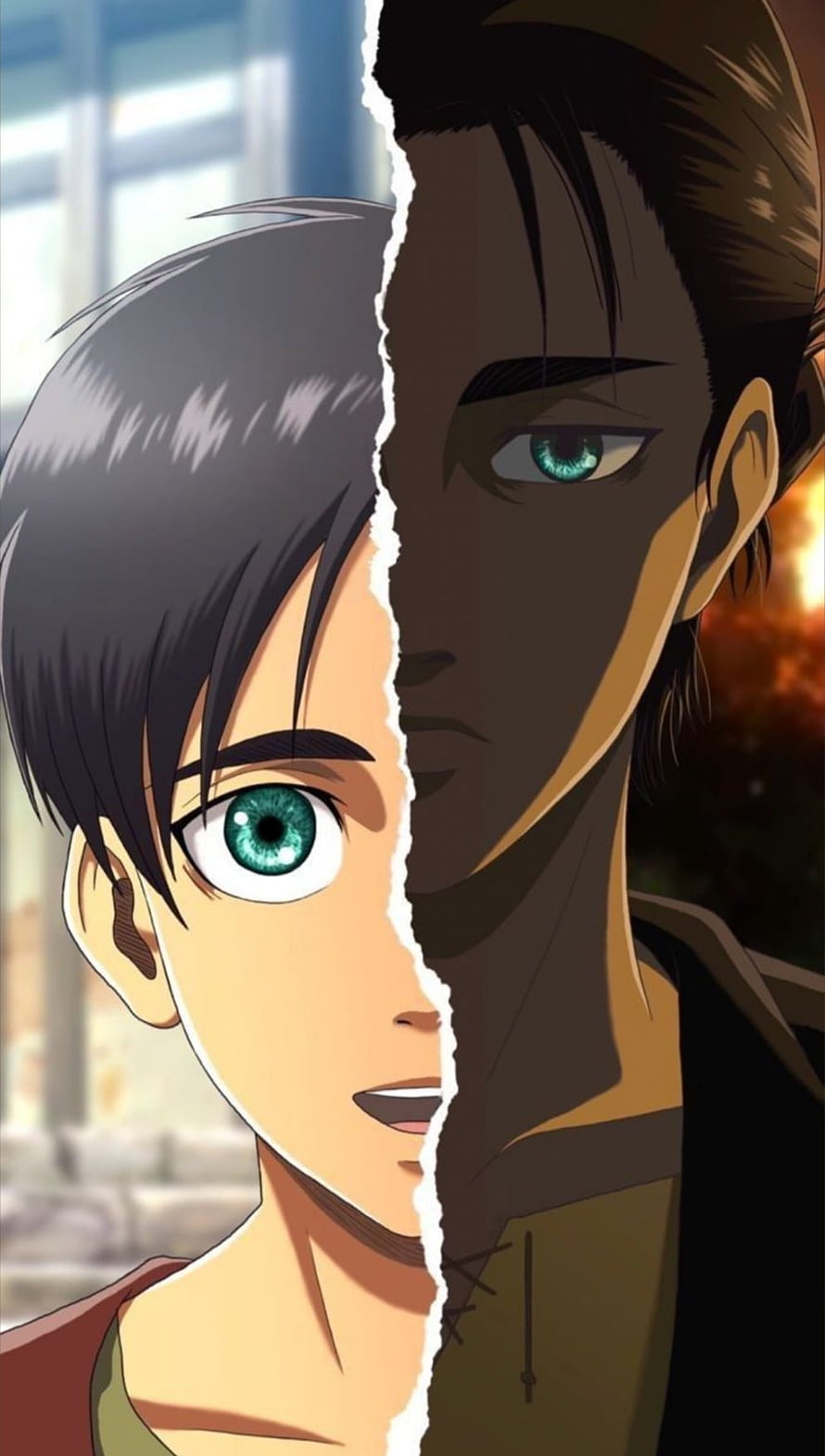Eren Yeager Split Face Anime Portrait with Green Eyes and Torn Paper Effect HD phone wallpaper