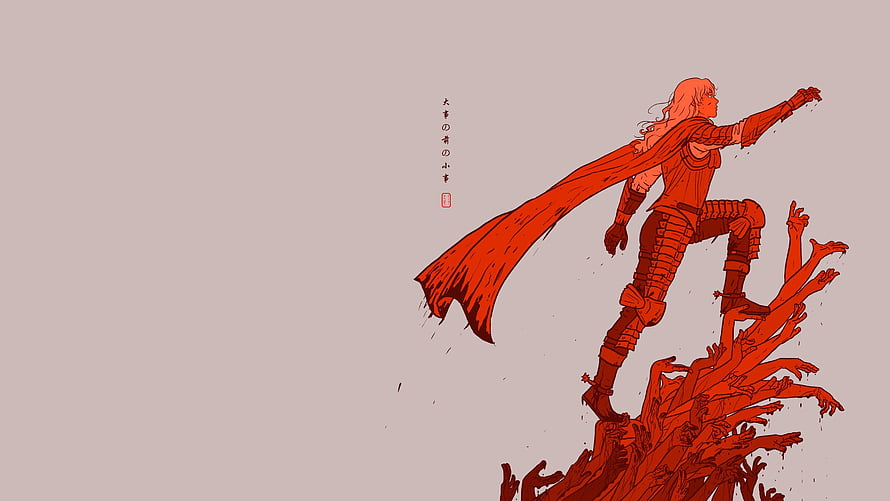 Griffith from Berserk Standing on a Pile of Reaching Hands in Red Ink Illustration HD wallpaper