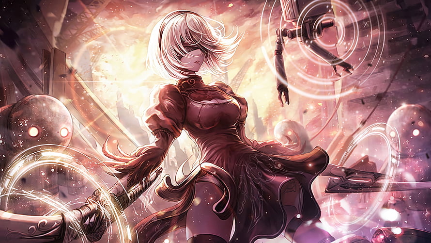 NieR: Automata 2B wielding a sword in a dramatic sci-fi battle scene with glowing energy effects HD wallpaper